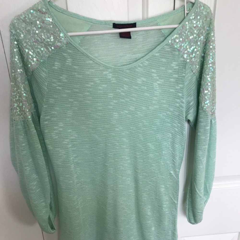 Mint Top with Iridescent Sequin Shoulders